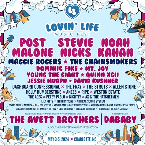 Lovin life music fest - The Lovin' Life Music Fest lineup for 2024 featured 3 artists and bands, including Post Malone, Stevie Nicks, Noah Kahan, , , , , , , and .